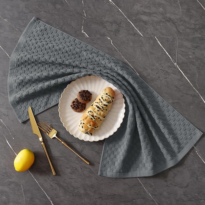 Homaxy 100% Cotton Terry Kitchen Towels(15" x 25", 4 Pack), Soft and Super Absorbent Dish Towels, 380 GSM Reusable Tea Towel with Hanging Loop, Pineapple Grid Designed, Dark Grey