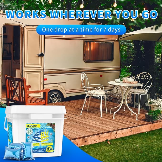 BEBOBLY RV Toilet Treatment Drop Ins, Extra Strength Septic Tank Treatment & Cleaner, Waste Breakdown/Odor Control, RV Black Tank Treatment for RVs, Boats & Portable Toilets, Odor Eliminator (50 Pack)