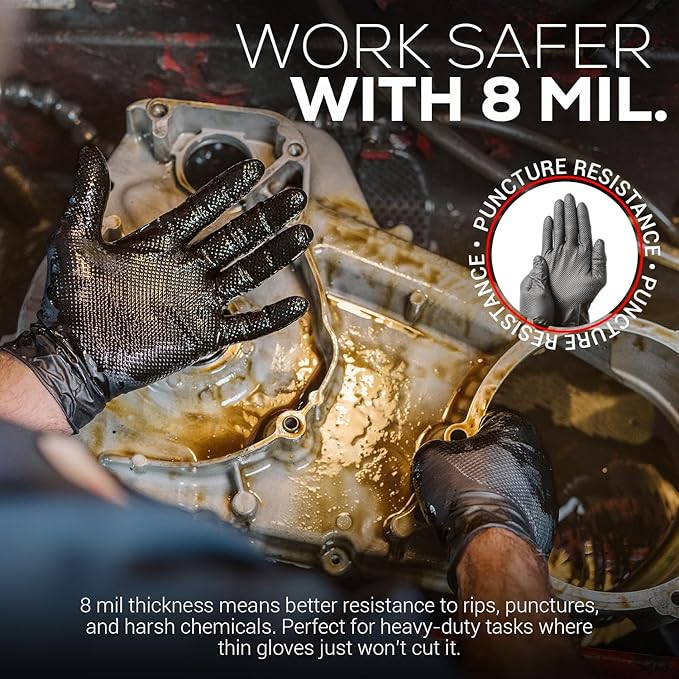 First Glove 8 Mil Heavy Duty Black Nitrile Gloves - Raised Diamond Textured Grip - Gloves for Mechanic, Automotive & Work