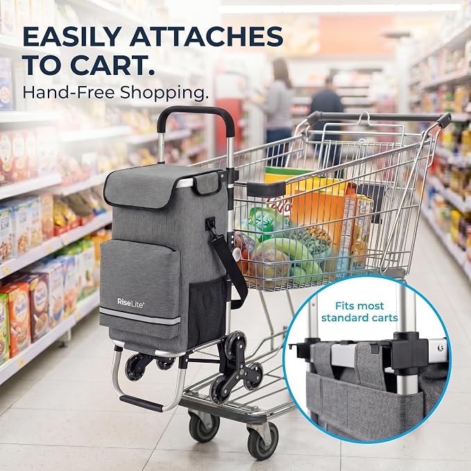 Stair Climbing Cart - Shopping Cart with Wheels for Stairs, Foldable Tri-Wheel Grocery Cart for Seniors & Apartments, 55L Bag with Insulated Cooler, Adjustable Handle, 110 Lbs, Waterproof