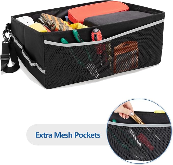 GRAOSO Under Seat Storage Fit for SuperCrew Cab, Foldable Truck Organizers and Storage Box Under Rear Seat For Single Seat with Removable Bottom Plate, 2 Side Handles and Hook Snap Fix Strap, Black
