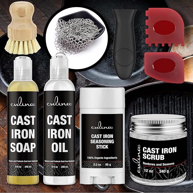 Culina Cast Iron Soap stick Conditioning Oil Stainless Scrubber Restoring Scrub brush handle and scrapers |All Natural Ingredients |for Cast Iron Cookware with handle and scrappers colors may vary