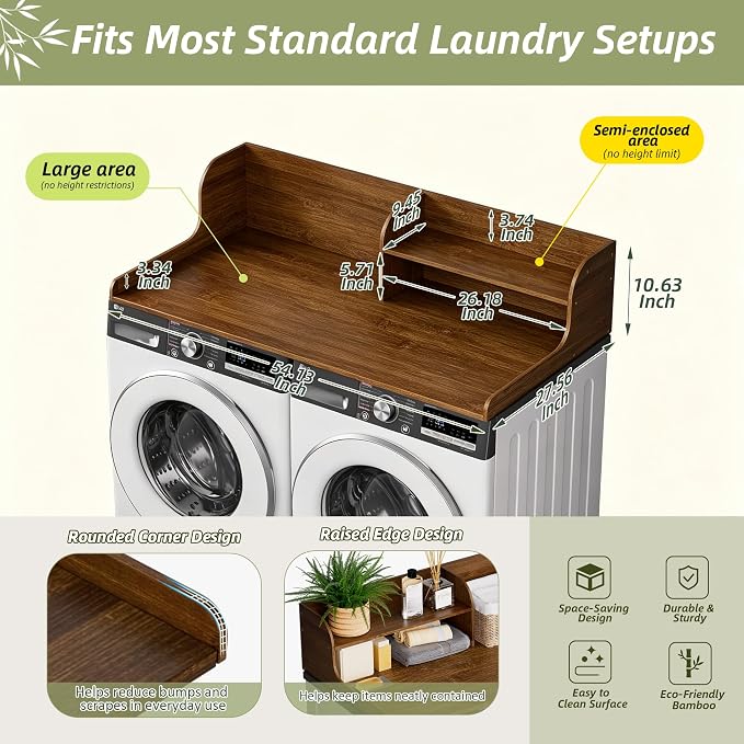 Washer Dryer Countertop with Shelf, 54" x 27.5" 2-Tier Bamboo Laundry Topper, Washer and Dryer Countertop for Laundry Room Organization with Edge Rails, Waterproof, Walnut