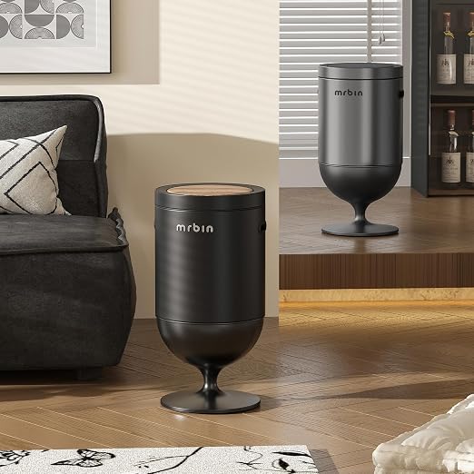 MRBIN Metal Motion Sensor Trash Can with Lid, 5.3 Gallon Wine Glass Shaped Automatic Waste Basket Touchless, Smart Round Tall Garbage with High Leg for Office, Bedroom, Kitchen, Black