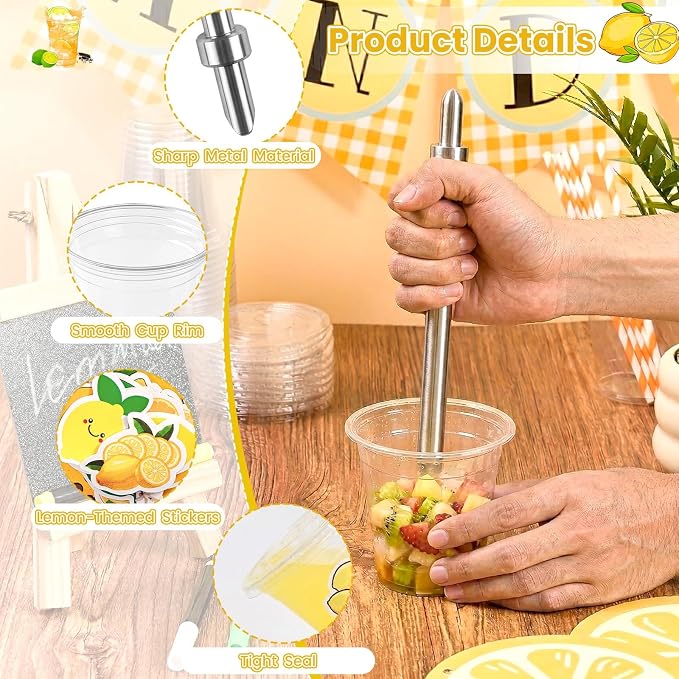 208 Pcs Lemonade Stand Supplies, 50 Lemonade Cups with Lids and Straws, 2 Lemonade Banners, Wooden Blackboard, 50 Lemon Stickers, 3 Pens, Straw Puncher for Summer Lemon Birthday Party Decor