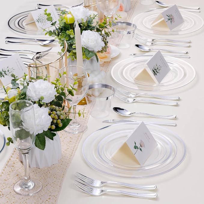 BESTSTAR 7 Inch Clear with Silver Rim Plastic Plates,100PCS Disposable Dessert/Appetizer/Small Cake Plates,Heavy Duty Plate Ideal for Wedding and Birthday Party