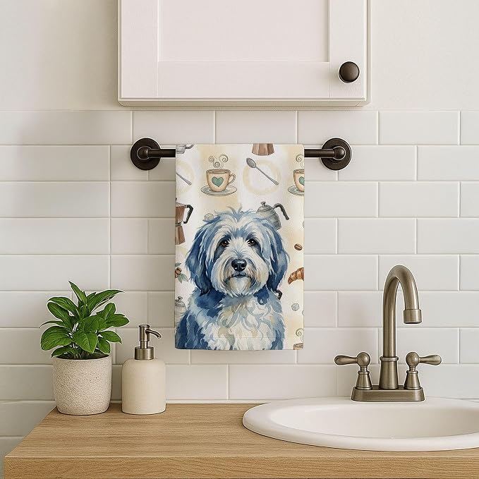 Caroline's Treasures Blue and White Old English Sheepdog Coffee Bar Kitchen Towel Velour Plush Front and Cotton Loop Back Machine Washable