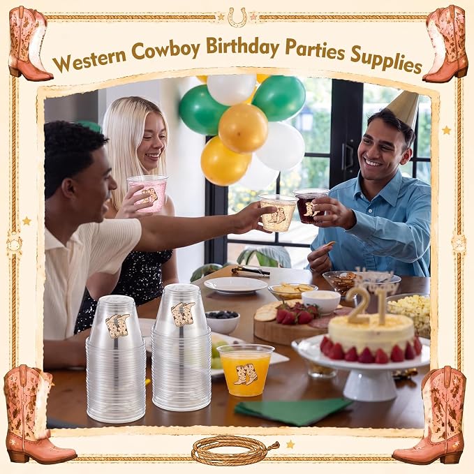 LemonRoad 100 Pack Brown Cowboy Cup 9 oz Western Cowboy Boots Disposable Clear Plastic Cocktail Cups Hot Cold Beverage Drinks for Birthday Baby Shower Western Last Rodeo Party Decorations Party Favors