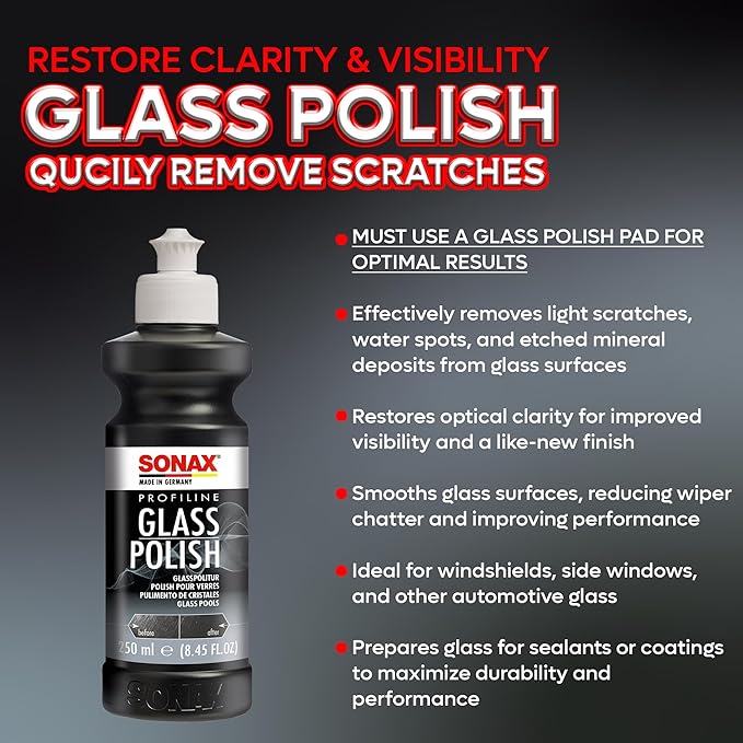 SONAX PROFILINE GlassPolish (250 ml) - removes slight scratches, blinding and etching from car windows made from glass. Silicone free | Item No. 02731410