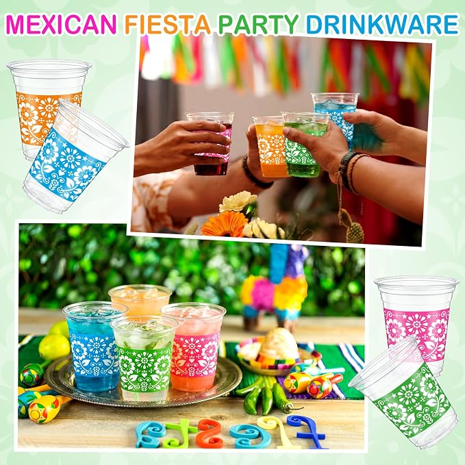 Tanlade 60 Pcs Fiesta Plastic Cups 12 oz Mexican Disposable Party Cups Cinco De Mayo Margarita Drinkware for Mexican Theme Birthday Taco Bar Birthday Wedding Party Supplies Decorations