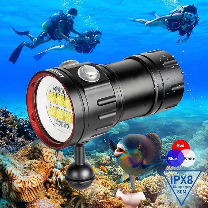 B24 Dive Light Underwater Flashlight 9000Lumens Underwater Video Lights 80m Scuba Dive Light Diving Flashlight for Under Water Sports,Underwater Video Shooting and Photography