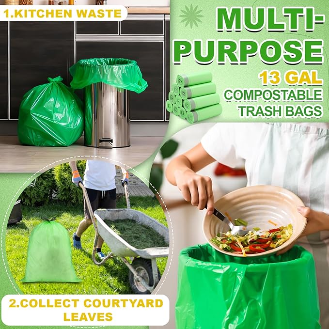 Dunzoom 200 Count 13 Gallon Compostable Trash Bags with Drawstring Tall Kitchen Food Scrap Waste Bag Heavy Duty Extra Thick 1 Mil Tear Resistant for Lawn Yard Home Kitchen Office
