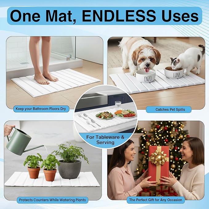 Large PU Leather Surface Quick Drying Dish Drying Mat with Diatomaceous Earth Stone For Kitchen Counter 25"x16" – Foldable and Absorbent Kitchen Counter Mat, Includes Silicone Faucet Mat White