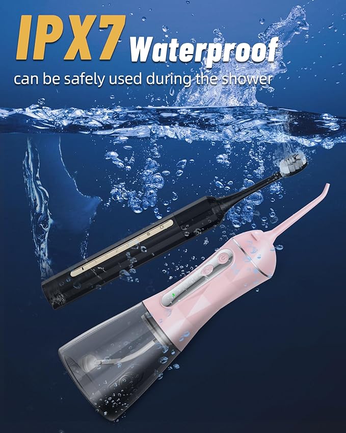 Water Flosser and Electric Toothbrush Combo,2-1 Oral Clean Kit, 5-Speed Sonic Electric Toothbrush & 4-Speed Portable Water Flosser to Clean Teeth and Protect Gum Health, IPX7 (Pink-Set)