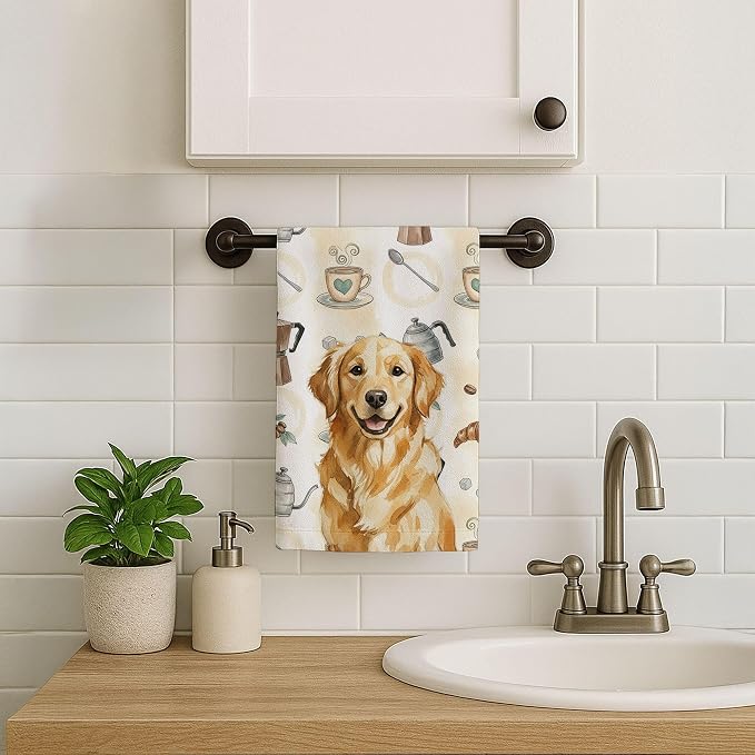 Caroline's Treasures Golden Retriever Coffee Bar Kitchen Towel Velour Plush Front and Cotton Loop Back Machine Washable