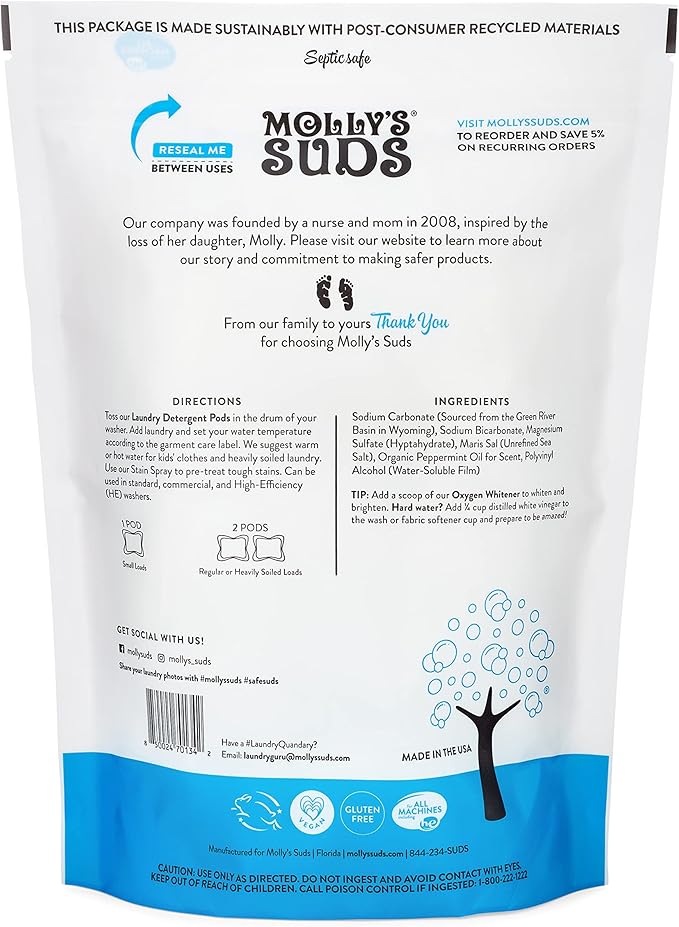 Molly's Suds Peppermint Laundry Detergent Pods (120 Loads) & XL Wool Dryer Balls (White) Bundle