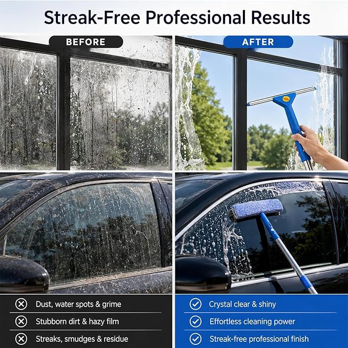 Window Cleaning Kit with Extension Pole,Professional Window Washing Kit with Bucket, 79" Window Squeegee with Microfiber Scrubber Scraper,Window Cleaner Tool for Commercial, Home,Outdoor