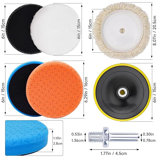 10pcs Polishing Buffing Pads for Drill - 6 Inches Car Polishing kit, Car Foam Buffing Sponge Pads Kit with M14 Drill Adapter,Wool Pads,for Body Foam Wax & Drill Buffing