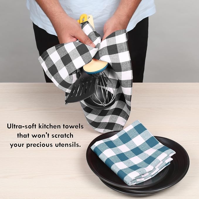 Gingham Buffalo Check Kitchen Towels, 4 Pack, 16x26 Inches, 100% Cotton - Super Absorbent, Quick Drying, Hand Towels for Drying Dishes, Dish Cleaning Towels with Hanging Loop, Multi
