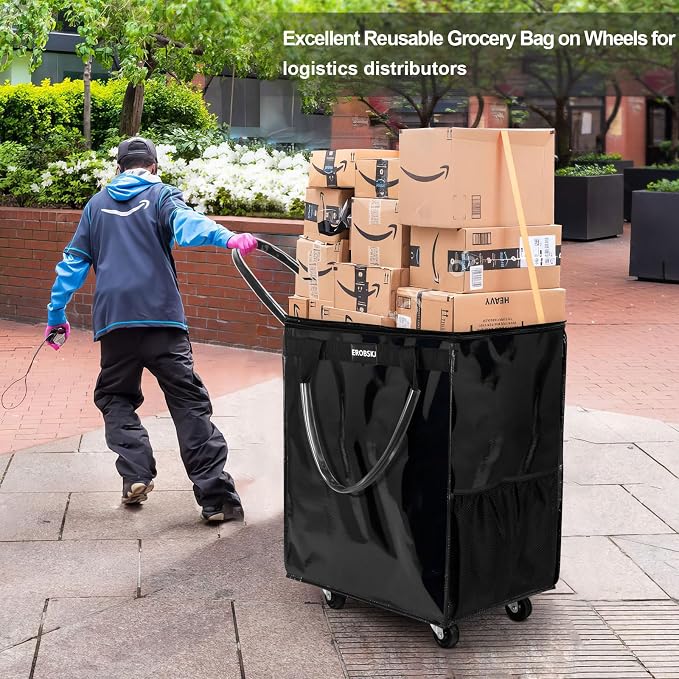 (Medium,Black) Reusable Grocery Bag on Wheels, 70L Foldable Rolling Tote,Shopping Trolley, Zipper Clouser Shopping Carts for Groceries, Laundry, Camping, Moving, 4 Heavy Duty Wheels