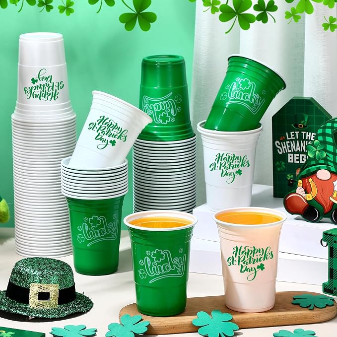 Pickmesh 100 Pcs St Patricks Day Plastic Cups 16oz Lucky Shamrock Design Disposable Cups for Lucky Party Supply St Patrick's Day Tumblers for Hot Cold Drinks Coffee Juice Beer Candy Snacks