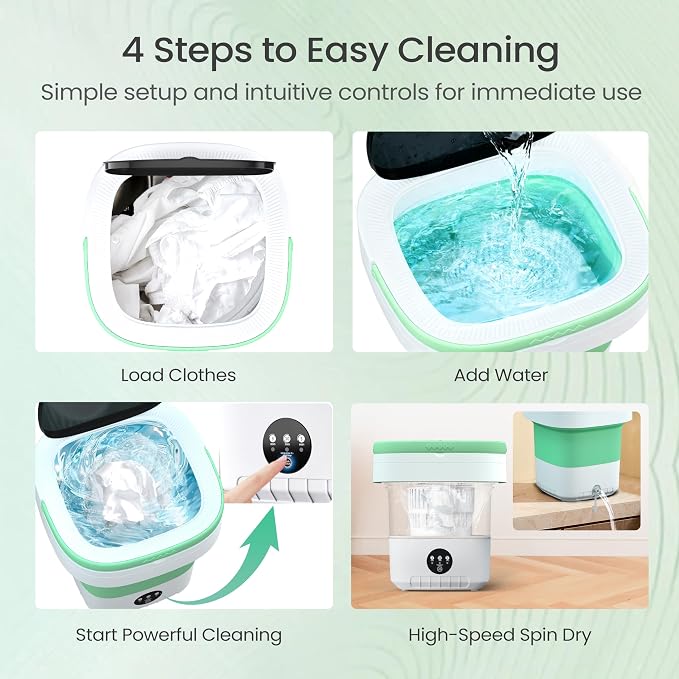 Portable Washing Machine 20L - Mini Washer with Spin Basket, 3 Cleaning Modes & Deep Wash for Small Clothes, Foldable Laundry for Apartment, Home, RV and Travel (Green)