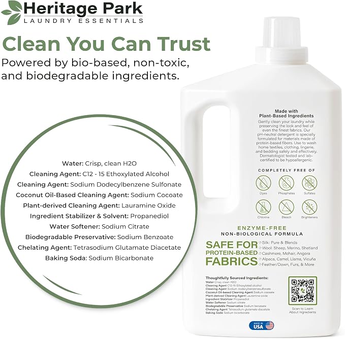Heritage Park Silk & Wool Fragrance Free, Hypoallergenic, pH-Neutral Laundry Detergent - Dermatologist-tested, Sensitive Skin-Friendly, Enzyme-Free, Concentrated Up to 128 loads (64 fl oz)
