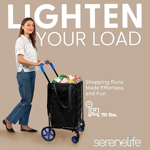 SereneLife Small Compact Folding Shopping Cart with Removable Waterproof Liner – 360° Swivel Wheels, Rust‑Proof Steel Frame, 70 lb Capacity – Portable Grocery, Laundry & Travel Cart (Blue)