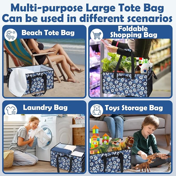 Extra Large Utility Tote Bag with Wire Frame Heavy Duty Grocery Bags Reusable Shopping Bags for Groceries with Handles Foldable XL Beach Bag for Travel Picnics Camping Car Trunk Organization