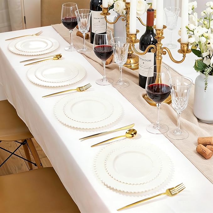 60PCS Ivory Plastic Plates - Beaded Ivory Disposable Plates - Premium Cream Plastic Plate Include 30 Dinner & 30 Dessert Disposable Plate for Birthday, Baby Shower Spring, Wedding & Party