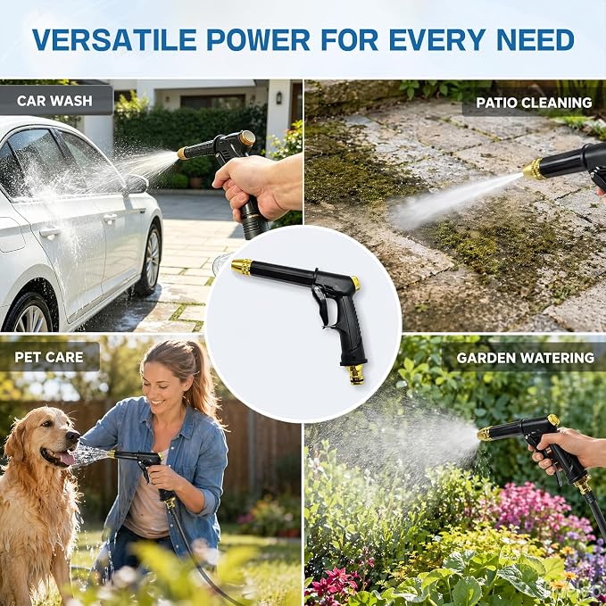 High Pressure Hose Nozzle, Pressure Washer Gun with 360° Rotating Head, Heavy Duty Adjustable Twist Hose Nozzle Jet Sweeper Nozzle for 3/4" Garden Hose, Power Washer for Car Yard Patio Pet Washing (D)