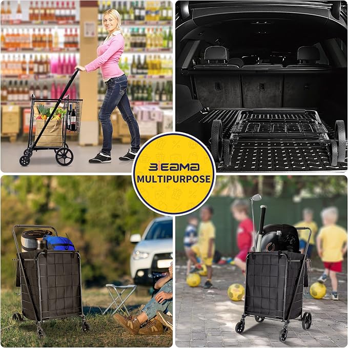 BIEAMA Folding Shopping Cart with Waterproof Liner, Grocery Cart 340 Lb | Utility Cart with Large Bag, Top Cover, 360 Rolling Swivel Wheels, Extra Basket