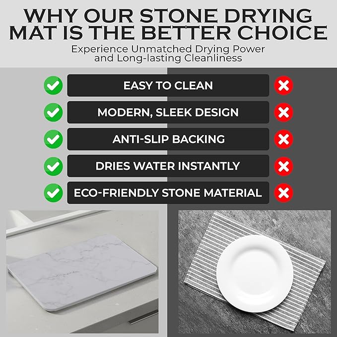 J.B Large Stone Drying Mat for Kitchen Counter - Quick Dry Stone Mat with Sink Caddy, Ultra Absorbent Dish Drying Stone for Kitchen Counter and Bathrooms, 16 x 12 Inch (Light Gray/White Marble Finish)