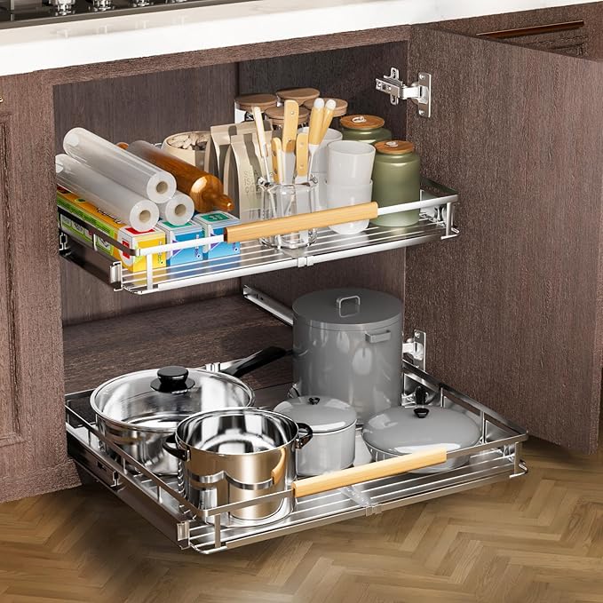 1 Pack Expandable Pull Out Cabinet Organizer,Side Mounting 23.2~39.99"x22.5"Cabinet Pull Out Shelves, Expandable Slide Out Spice Rack for Kitchen Bathroom Office