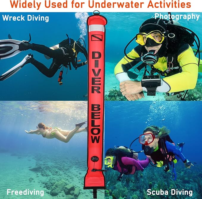 5FT SMB Surface Marker Buoy Scuba Diving Open Bottom High Visibility Inflatable Scuba Signal Tube with Reflective Strip for Underwater Diving Snorkeling