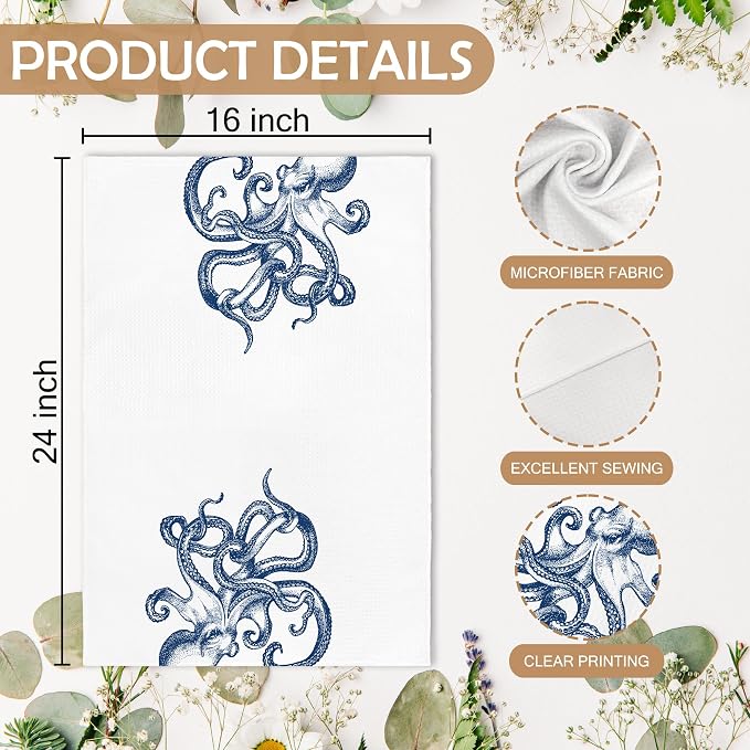 Coastal Octopus Beach Decor Dish Hand Tea Towels for Bathroom Kitchen, Octopus Ocean Nautical Beachy Bathroom Decor, Coastal Nautical Kitchen Towels and Dishcloths Sets of 2, 16x24 Inches