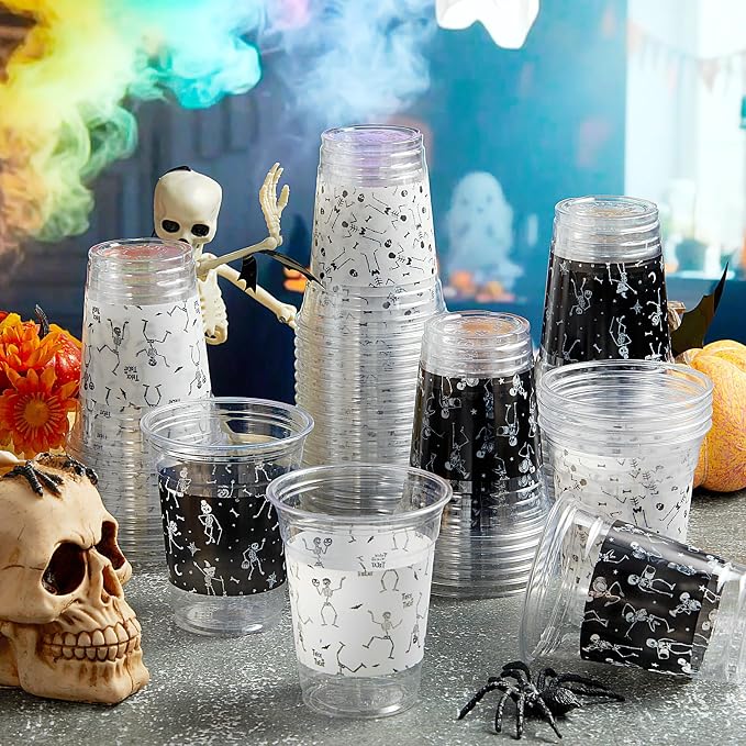 Bokon 100 Pcs Skeleton Halloween 12 oz Plastic Cups Disposable Cocktail Glasses Happy Halloween Cute Disposable Cups for Coffee Juice Hot Cold Drinks Party Supplies (Black and White, Skeleton)
