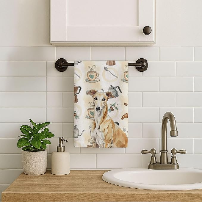 Caroline's Treasures Fawn Greyhound Coffee Bar Kitchen Towel Velour Plush Front and Cotton Loop Back Machine Washable