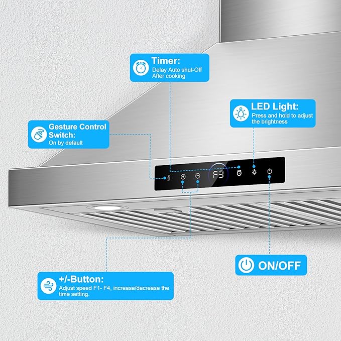 36 inch Range Hood Wall Mount, 1200 CFM with 4-Speed Gesture Sensing & Touch Control, Stainless Steel Ducted Kitchen Stove Vent Hoods with 2 LED Lights, Time Setting, Dishwasher-Safe Baffle Filters