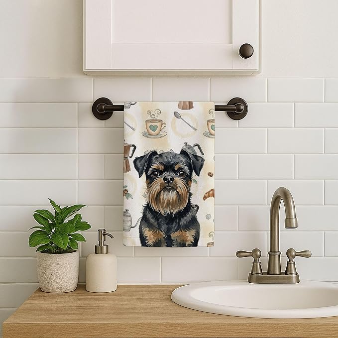Caroline's Treasures Black and Tan Brussels Griffon Coffee Bar Kitchen Towel Velour Plush Front and Cotton Loop Back Machine Washable