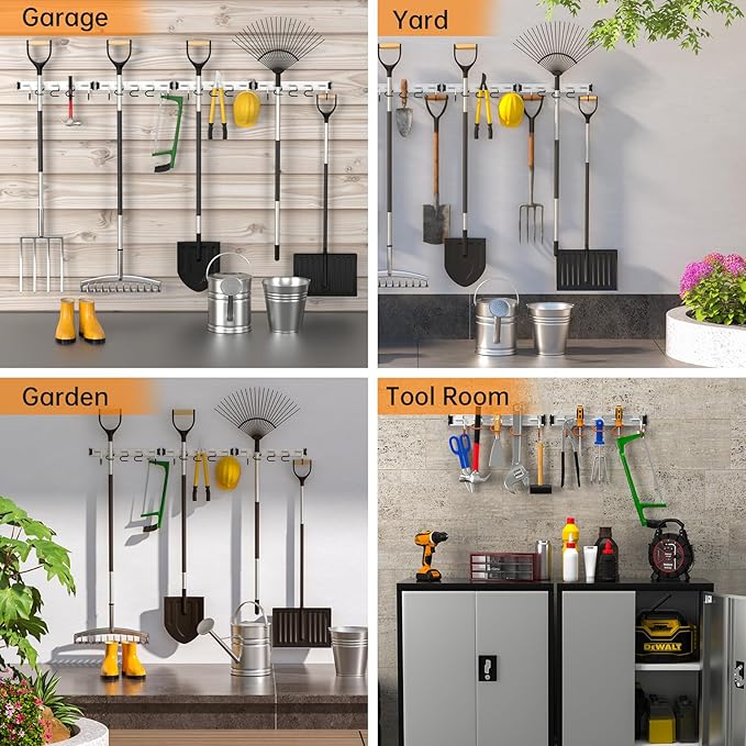 HUPBIPY 69'' Aluminum Alloy Garden Tool Organizer Wall Mount Garage Organizers and Storage with Hooks Tool Hangers for Shed Hooks for Shovel, Rake, Broom & More