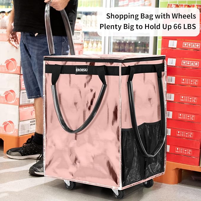 (Medium,Rose Gold) Reusable Grocery Bag on Wheels, 70L Foldable Rolling Tote, Shopping Trolley, Wide Zipper Shopping Carts for Trips, Laundry, Groceries, Camping, Storage,4 Heavy Duty Wheels