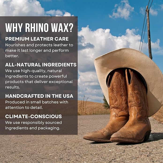 Rhino Wax - Cowboy Boot Cleaning and Conditioning Kit (6 Pieces) - Ultimate Cowboy Boot Care Kit - Cleaner (Boot-Scrub) + Conditioner (Leather Oil) + Waterproofing Wax + Brushes + Microfiber Cloth