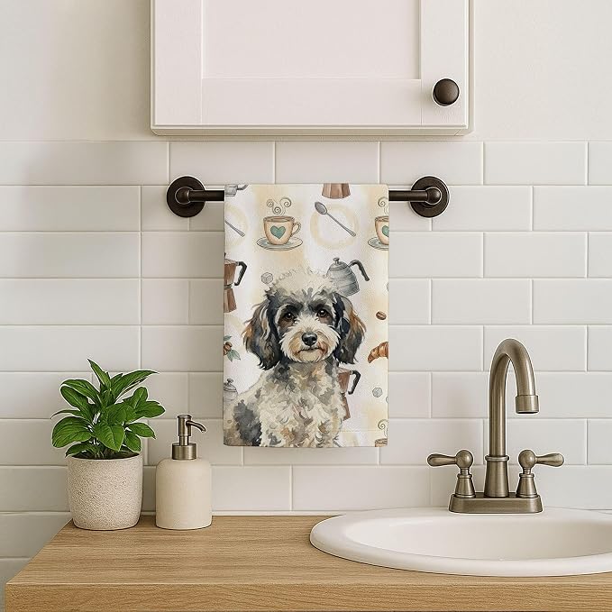 Caroline's Treasures Toy Parti Poodle Coffee Bar Kitchen Towel Velour Plush Front and Cotton Loop Back Machine Washable