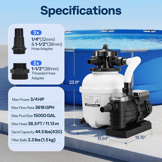 VIVOHOME 13 in Sand Filter Pump for Above Ground Pool, 0.75 HP 3618 GPH, Swimming Pool Filter System with 24H Timer & 6-Way Valve, High-Efficiency Filtration for Pools Up to 15,000 Gallons