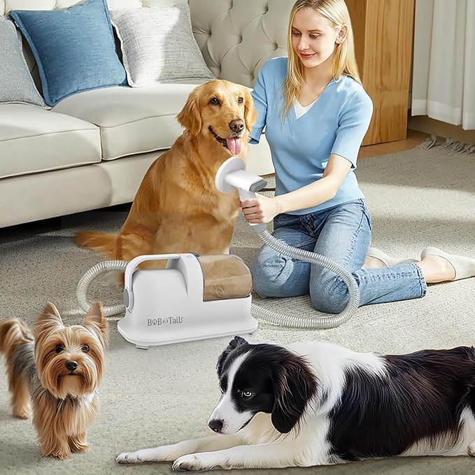 Pet Grooming Vacuum Kit, 1.5L Dust Cup Dog Grooming Vacuum 8 in 1, Dog deshedding Brush with Clipper Low Noise Mess-Free for Shedding Pet Hair, Home Cleaning (White)