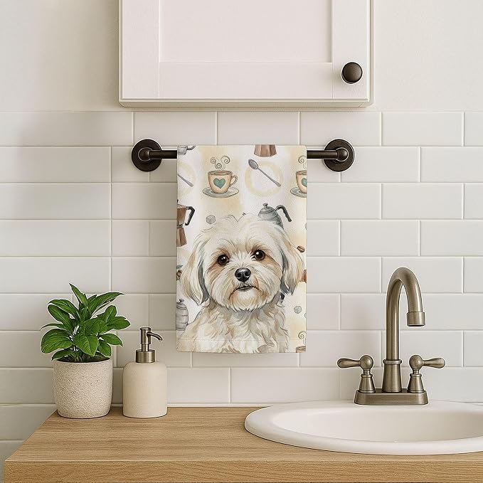 Caroline's Treasures White Lhasa Apso Coffee Bar Kitchen Towel Velour Plush Front and Cotton Loop Back Machine Washable