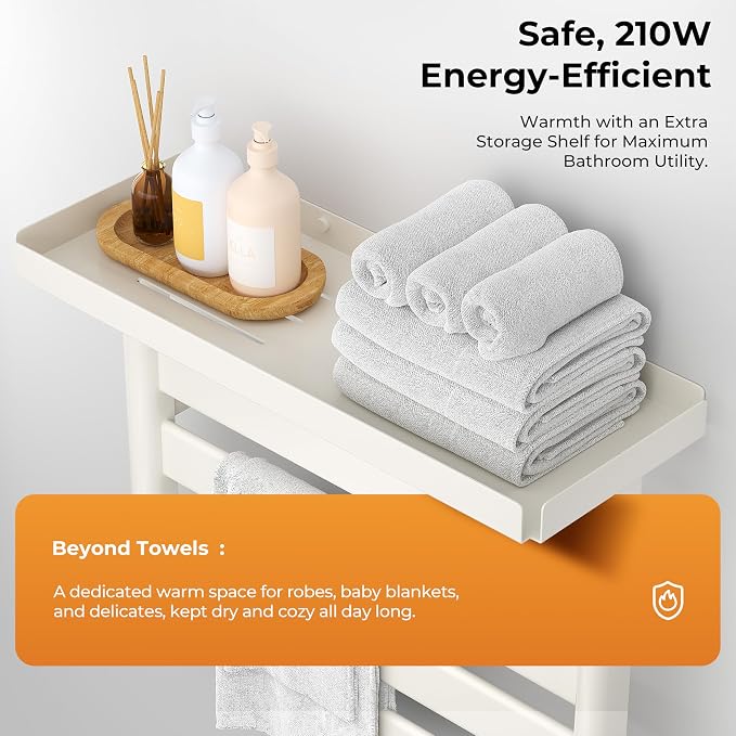 Electric Heated Towel Rack with Removable Top Shelf, Wall Mounted Bathroom Towel Warmer & Drying Rack, 158°F Fast Heating with Touch Screen Timer, Home Spa Towel Holder, Matte Black / Cream White