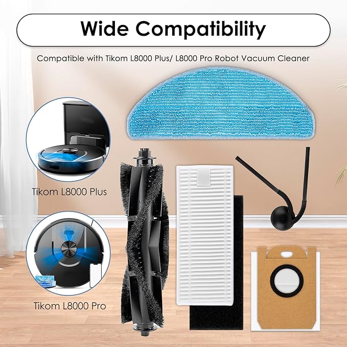 (20 Pack) L8000 Plus Replacement Parts Compatible with Tikom L8000 Plus Robot Vacuum Cleaner, 1 Roller Brush, 6 Side Brushes, 4 HEPA Filters, 5 Dust Bags, 4 Mop Pads, Accessories Kit