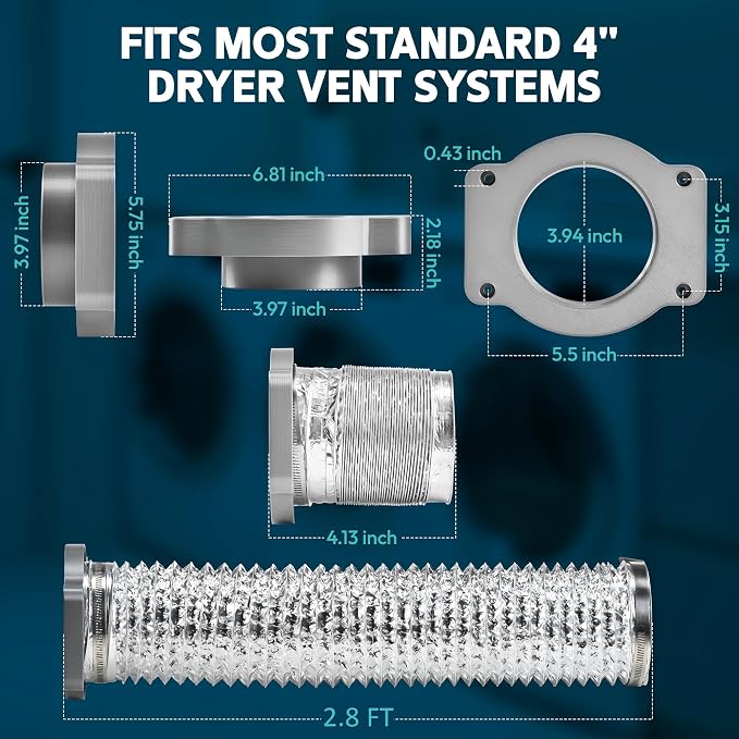 Magnetic Dryer Vent Coupling Connector Kit-DV180 Contractor-Grade Quick Connect for Tight Spaces Behind Dryer, Dual-Side Magnets, Airtight Seal, Easy to Clean, Includes 4" x 2.6ft Duct & 2 Clamps,Grey
